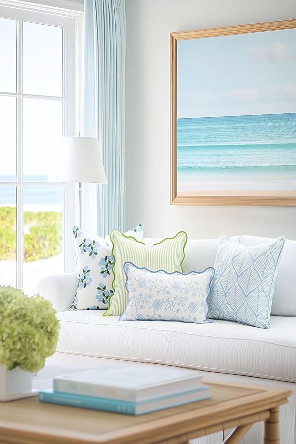 Hofdeco Premium Coastal Patio Indoor Outdoor Scalloped Lumbar Pillow Cover Only, 12"x20" Water Repellent for Backyard, Couch, Baby Blue Print Dahlia Floral