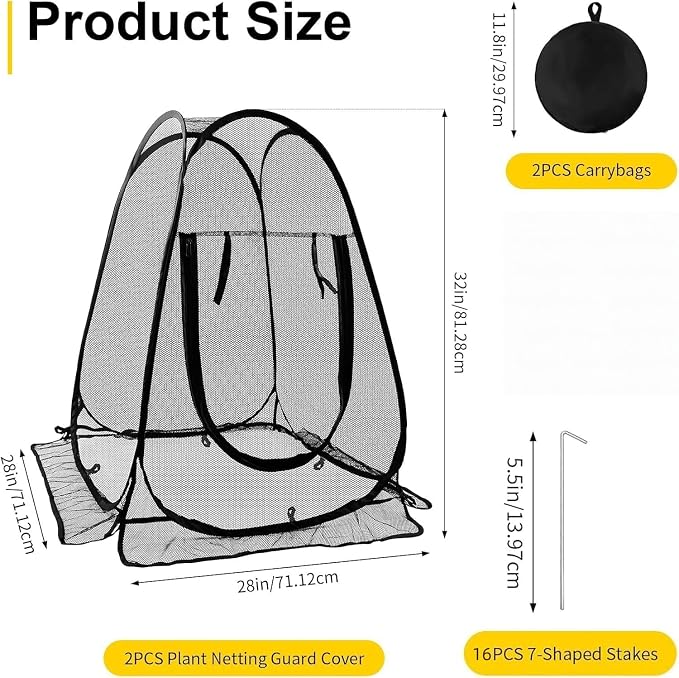2 Pack Pop Up Plant Protectors, 28x28x32 Inch Mesh Plant Covers from Animals, Garden Netting Tent Cage with Stakes to Guard Vegetables & Flowers from Birds, Rabbits, Insects