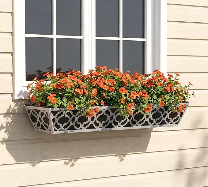 Y&M 30'' Metal Railing Planter Box Set with Black Non-Woven Fabric Liner, Flower Boxes with Adjustable Brackets, 4 Pcs Large Hanging Window Boxes for Fence, Deck, Balcony, and Garden - Gray