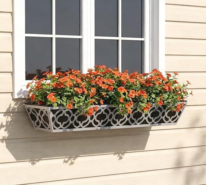 Y&M 30'' Hanging Railing Planter Box Set with Black Non-Woven Fabric Liner, 4 Pcs Large Metal Flower Boxes with Adjustable Brackets for Balcony, Deck, Fence, and Garden - Gray