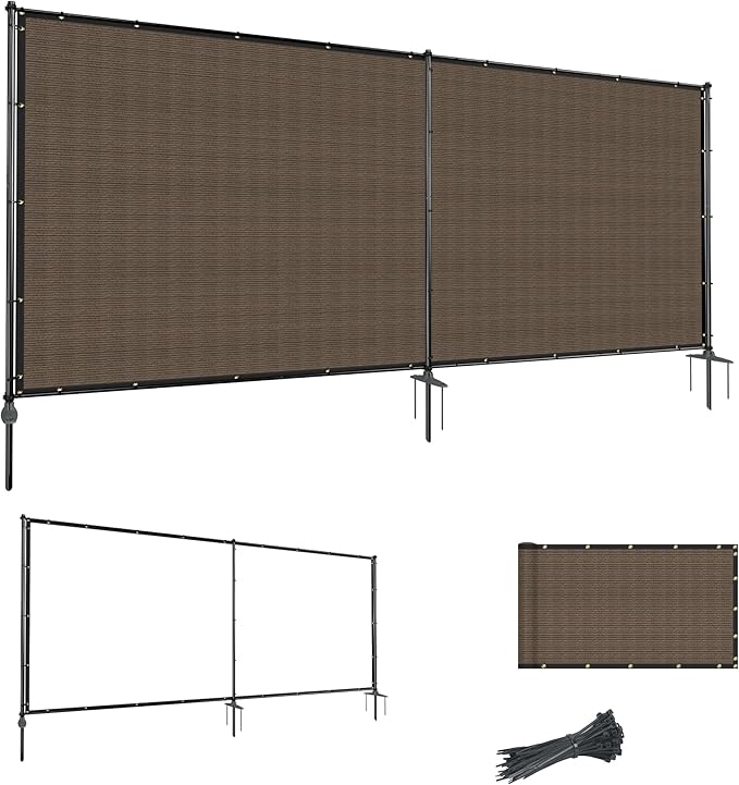 6'Hx11'W Outdoor Freestanding Privacy Screen Fence Panels with Iron Poles, Mesh Shade Net Cover Temporary Fencing for Patio Backyard Garden Deck, Brown