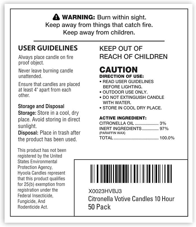 HYOOLA Citronella Votive Candles - 10 Hour Burn Time - 50 Pack, Ideal Bug Repellent Candles, European Made
