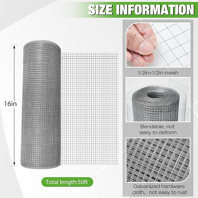 Tatuo Hardware Cloth 1/2 Inch 16in x 50ft Hot Dip Galvanized After Welded Cage Mesh Rolls 21 Gauge Metal Chicken Wire Roll Wire Fencing Poultry Netting for Raised Garden Rodent Animals