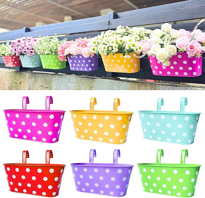 LaLaGreen Rail Planter Outdoor Plants (17 Inch, 6 Pack) Medium Colorful Metal Planters Iron Hanging Flower Pots Balcony Box Plant Holder Deck Railing Fence Herbs Garden Modern Porch Home Decor