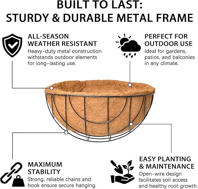 4 Pack 14 Inch Metal Hanging Planter Basket，Natural Round Coconut Hanging Plant Flower Pot，Coconut Coir Planter for Hanging Basket Flowers/Vegetables Home Garden Patio Decoration Earth