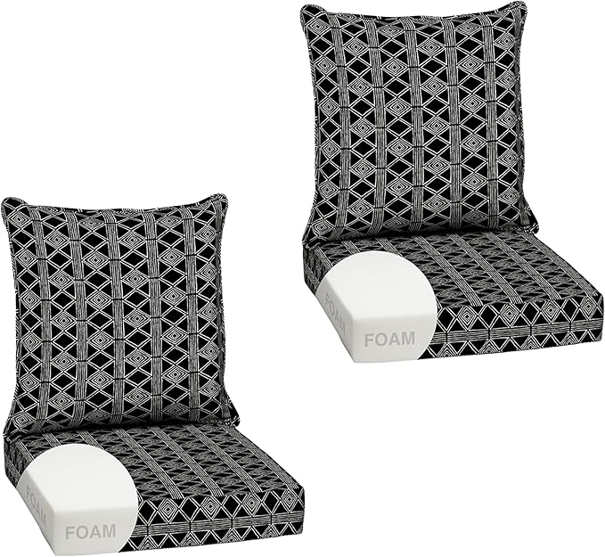 Arden Outdoor Foam Deep Seat Cushion Set (2-Pack), 24x24, Premium High-Density Foam, Never Flattens, Weather-Proof for Patio Chair Sofa Couch, Black Global Stripe