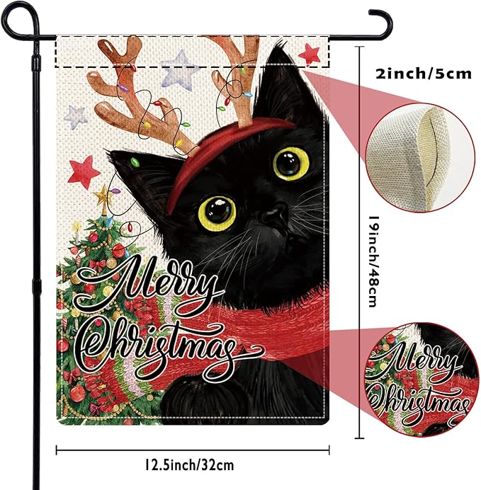 Black Cat Garden Flags for Outside Set of 12, Kitten Welcome Seasonal Garden Flags 12x18 Double Sided for All Seasons and Holidays, Fall Halloween Winter Christmas Yard Flag for Outdoor Decor