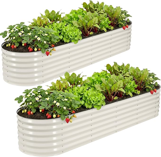 2 Pack Galvanized Raised Garden Bed 8x2 ft, 17" Tall Oval Metal Planter for Outdoors, 9 in 1 Modular Large Garden Bed Kits for Outdoor Vegetable Flowers - White