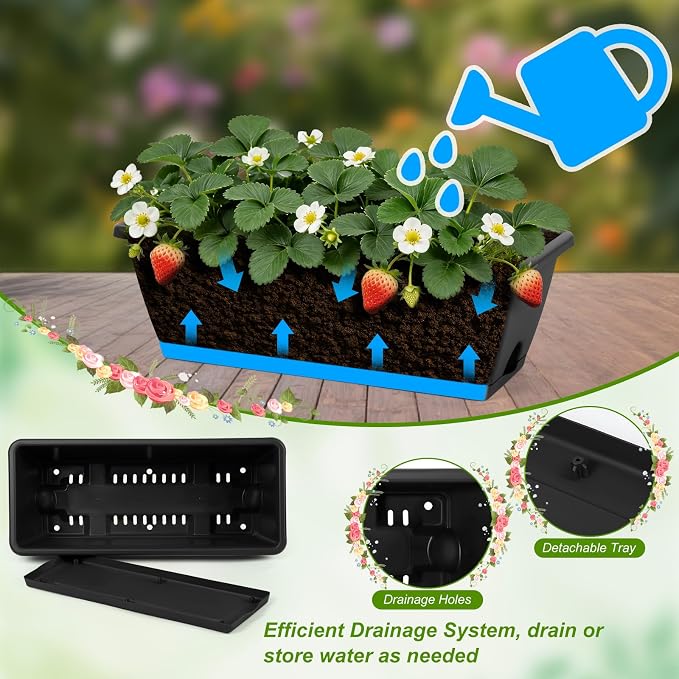 6 Pack Deck Railing Planter Boxes Black Window Boxes Planter Boxes with Adjustable Brackets, Outdoor Garden Fence Planters with Drainage Holes for Flowers, Herbs, Strawberry