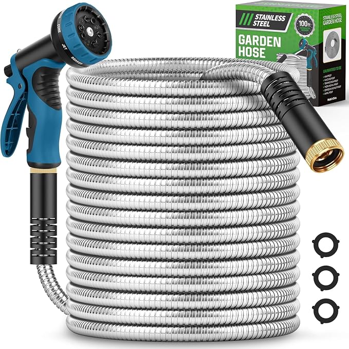 Garden Hose 100FT with 10 Function Nozzle, Water Hose with Leak-proof Connectors No-Kink Lightweight Puncture-proof Pet-proof Sturdy Hose for Outdoor Yard（Light Silver）
