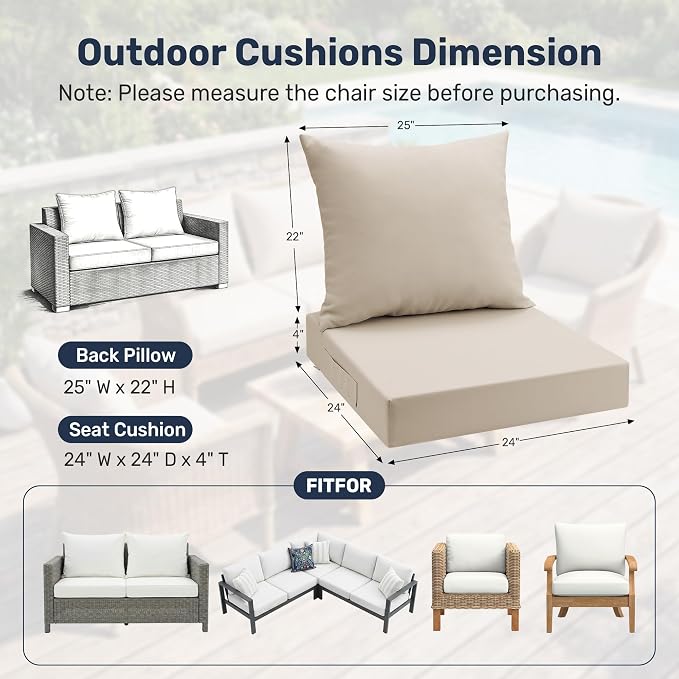 UNIKOME Outdoor Seat Cushions 24 X 24 Inch - Water-Resistant & Fade Resistant, Removable Cover Patio Furniture Cushions for Chair, Sofa, Couch, Wicker, Beige