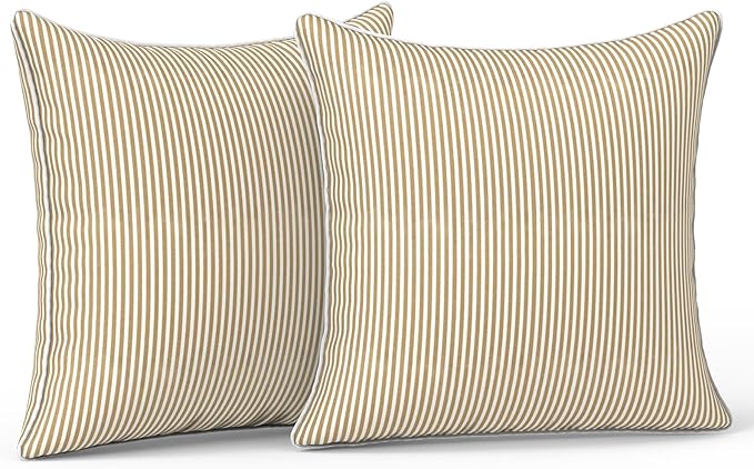 LVTXIII Outdoor/Indoor Throw Pillows, Decorative Patio Accent Pillows, Fluffy Water Repellent Garden Cushions for Home Patio Coach Sofa Use, 16×16 Inch, Pack of 2, Strip Beige