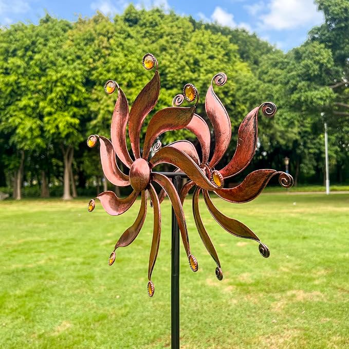 Wind Spinners Outdoor, Willow Leaf Double-Sided 360° Kinetic Wind Spinner with Acrylic Beads and Stake, Metal Garden Yard Decor (13.3" Dia x 54" H)