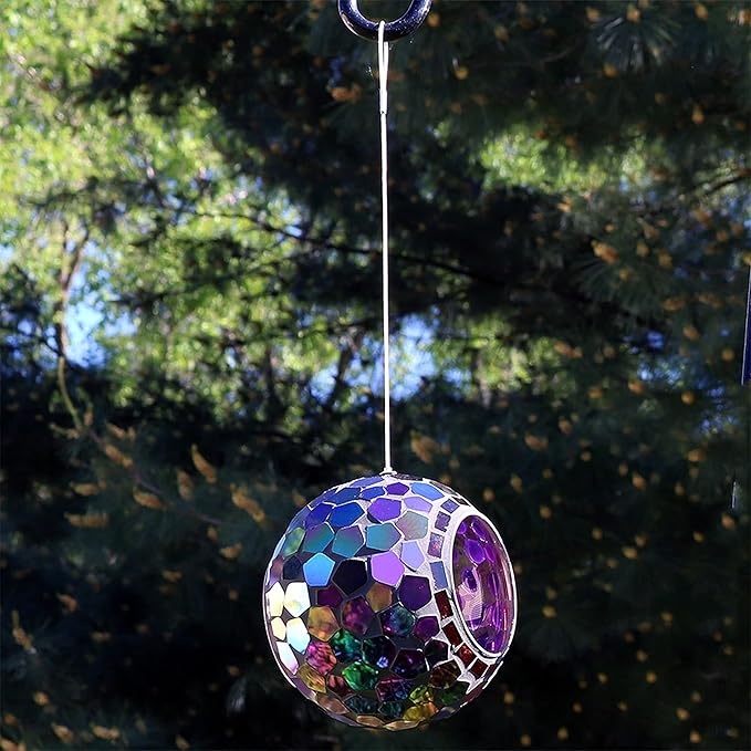 Sunnydaze 6-Inch Glass Mosaic Hanging Bird Feeder for Outdoors - Fly-Through Glass Bird Feeder for Cardinals, Jays, Finches and More - Iridescent Purple Mosaic