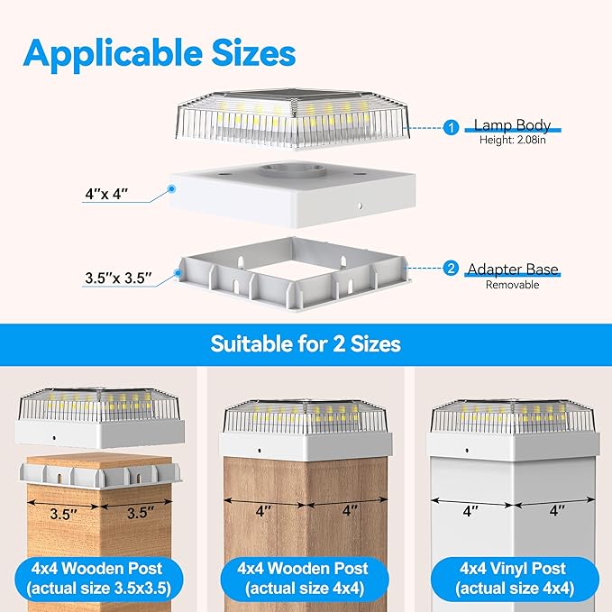 Solar Post Cap Lights, 8-Pack Fence Post Solar Lights for 4x4 Wood/Vinyl Posts, IP65 Waterproof, 10-12 Hours of Illumination with 3 Lighting Modes for Garden/Patio/Porch - White