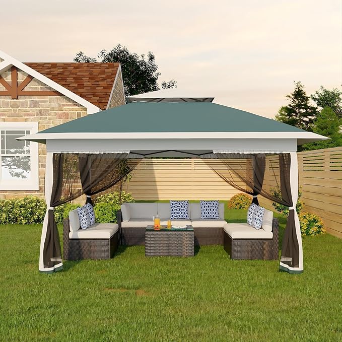 GarveeLife Canopy Tent 12x12 ft, Pop Up Gazebo One-Push Setup with 4 SandBags for Backyard Parties and BBQs, Mosquito Netting & Height Adjustable - Green