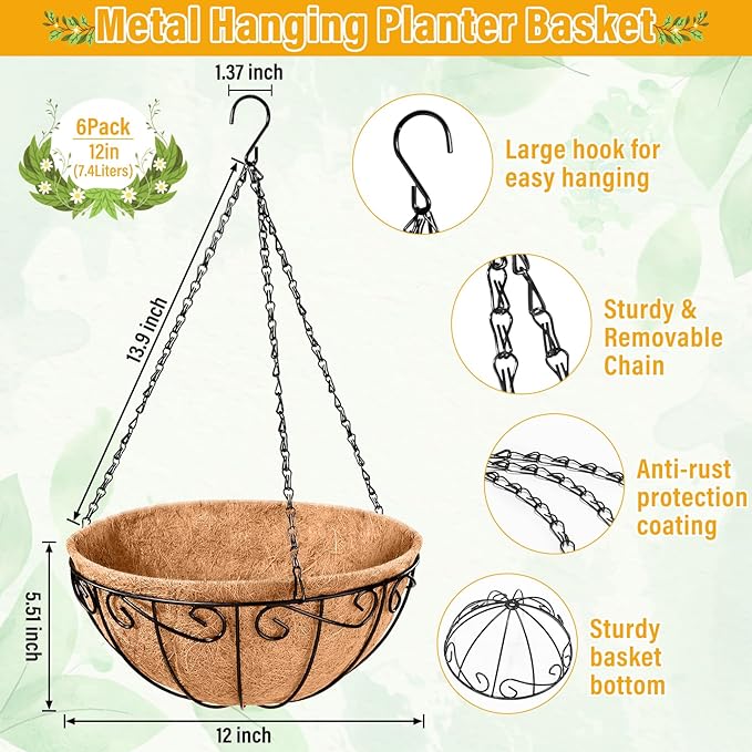 Legigo 6 Pack 12 Inch Metal Hanging Baskets for Plants Outdoor- Round Wire Hanging Planters Basket with Coconut Coir Liner, Hanging Flower Pot for Outdoor Plants Flowers Garden Decorations