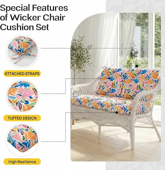 1 MIDDLE ONE Wicker Chair Cushions 3 Pieces Set for Outdoor Furniture, Replacement Patio Wicker Furniture Cushions, 1Pc Loveseat Cushion & 2Pcs Chair Cushions (Colorful Leaves)