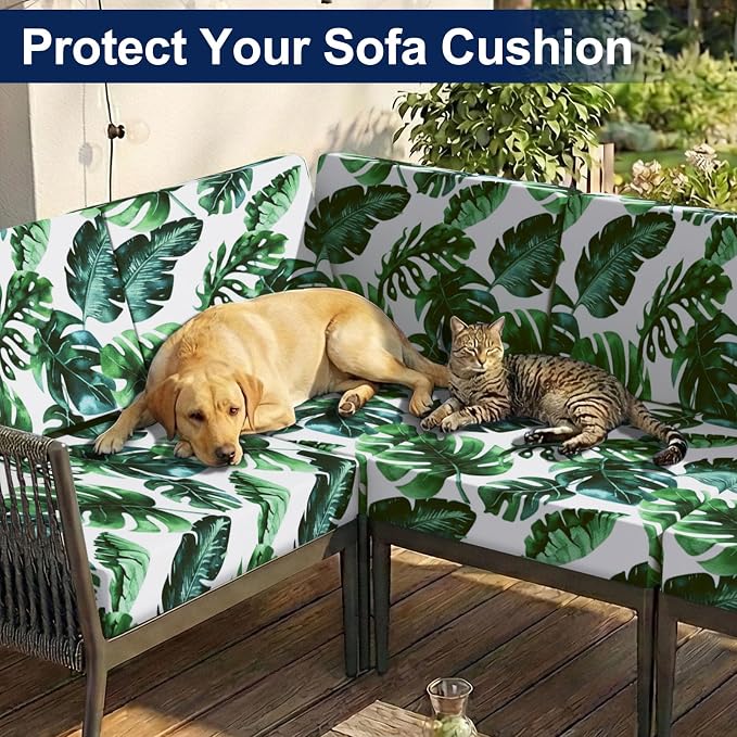Smiry Waterproof Patio Cushion Covers, Stretch Outdoor Couch Slipcovers Replacement Washable Furniture Protector Sofa Chair Seat Cover for Dogs and Pets (4 Pcs, Green)
