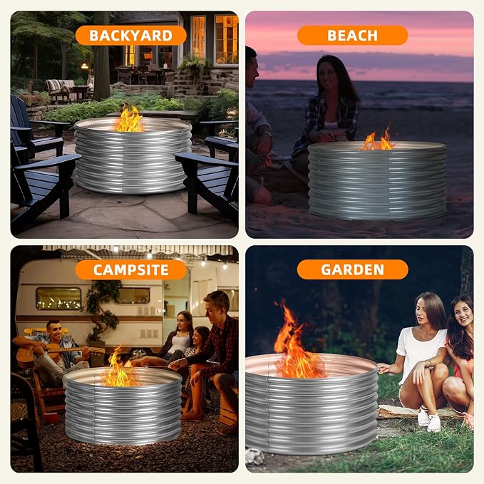 48 inch Fire Pit Ring, 4x4x2FT Galvanized Fire Ring, Wood Burning Fire Pits Ring, Outdoor Fireplace Height 2FT, Round Camp Fire Ring, Bonfire Pit for Camping, Backyard
