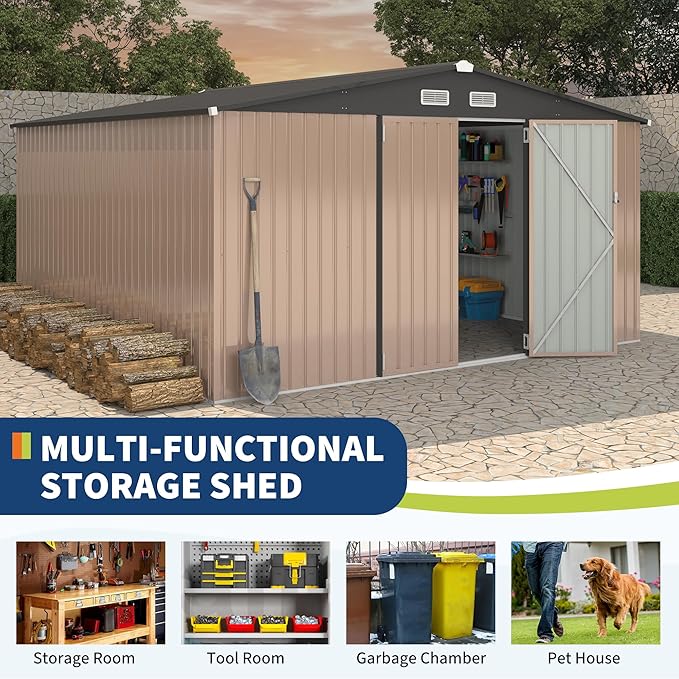 GarveeLife 12x12x6.4 ft Outdoor Storage Sheds, Metal Garden Tool Shed for Backyard, Large Metal Sheds Outdoor Storage With Lockable Doors & Air Vents for Backyard Garden Patio Lawn