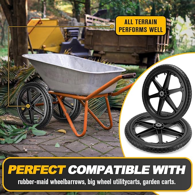 20" Flat Free Wheels Compatible with rubbermaid Wheelbarrow Tires (5/8 inch bearing)