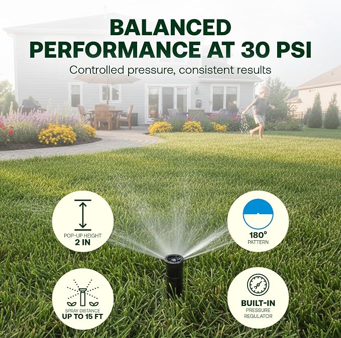Rain Bird 1802HDSPRS Pressure Regulated 1800 Series Dual Spray 2 Inch Pop Up Sprinkler Head, 4 Pack -Water Efficient Lawn Sprinkler with 180 Degree Half Pattern, 1/2 in NPT, Up to 15 Ft Spray Distance