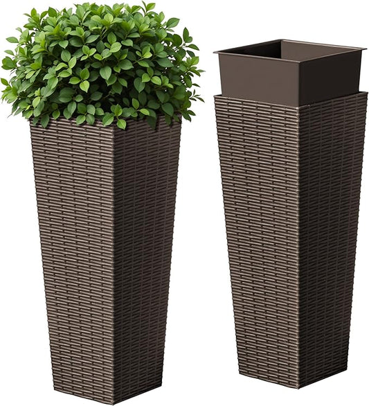 Devoko Resin Tall Planters for Outdoor Plants Set of 2, Large Taper Outdoor Planter Pots with 4 Drainage Holes, Flower Pots Modern Decor for Porch, Patio, Backyard, Home Garden (Brown, 23.6")