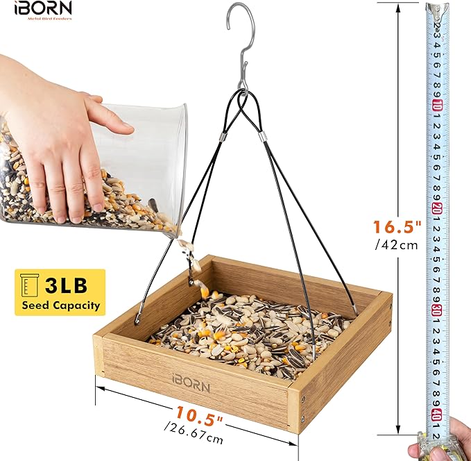 iBorn Platform Bird Feeder Tray, Chew Proof Bird Feeders for Outdoors Hanging, Flat Birdfeeder Tray with Large Capacity 3LBS, WPC Recycled Plastic & Cedar Look, Waterproof, 10.5"x10.5", Raw