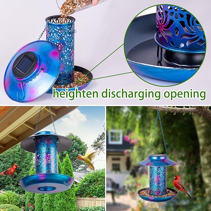 Ottsuls 2 Pack 60 inch Adjustable Shepherd Hooks and 2 Pack Solar Bird Feeder for Outdoors Hanging (Blue)
