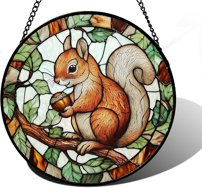 DASTOLL Stained Glass Window Hanging, Squirrel on a Branch Suncatcher Diamond Glass Panel Animal Sun Catchers Decor for Birthday for Women, Men, Wife, Aunt, and Mom 11.8x11.8 in