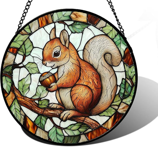 DASTOLL Stained Glass Window Hanging, Squirrel on a Branch Suncatcher Diamond Glass Panel Animal Sun Catchers Decor for Birthday for Women, Men, Wife, Aunt, and Mom 7.8 in