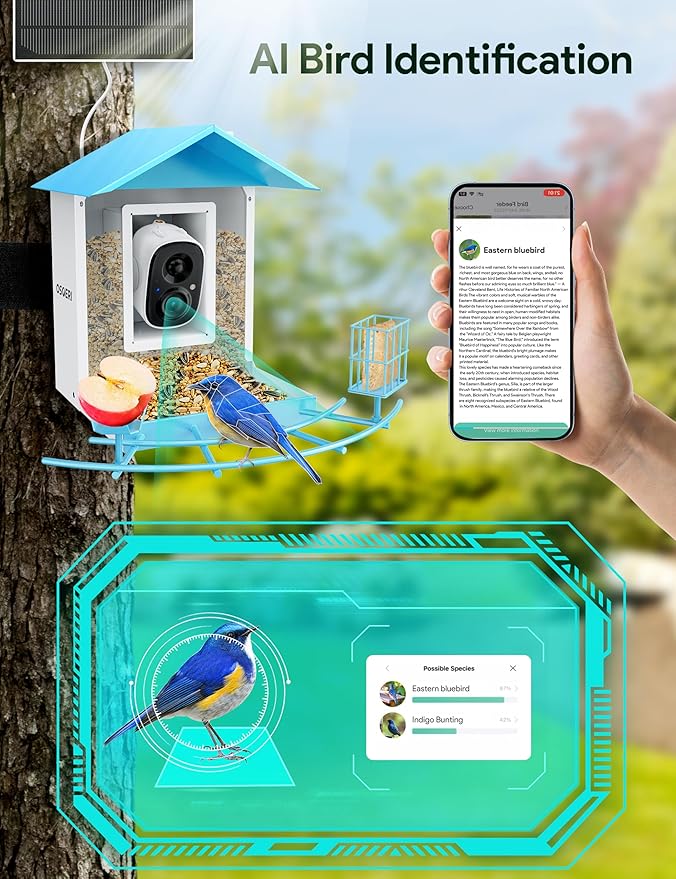 Osoeri Bird Feeder with Camera, Smart Bird Feeder Camera with AI Identify, Metal Bird Feeder with Suet Cage & Fruit Fork, Auto Capture Videos & Motion Detection, Ideal Gift for Bi rd Lovers