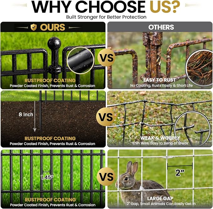 5 Panels No Dig Garden Fence Animal Barrier, 34in(H) × 11.25ft(L) Decorative Metal Outdoor Dog Fence, Rustproof Pet Fencing for Yard, Patio, Flower Bed -Temporary Fencing| Easy to Install