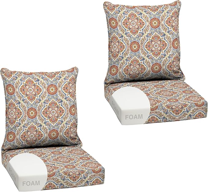 Arden Outdoor Foam Deep Seat Cushion Set (2-Pack), 24x24, Premium High-Density Foam, Never Flattens, Weather-Proof for Patio Chair Sofa Couch, Global Vintage Medallion