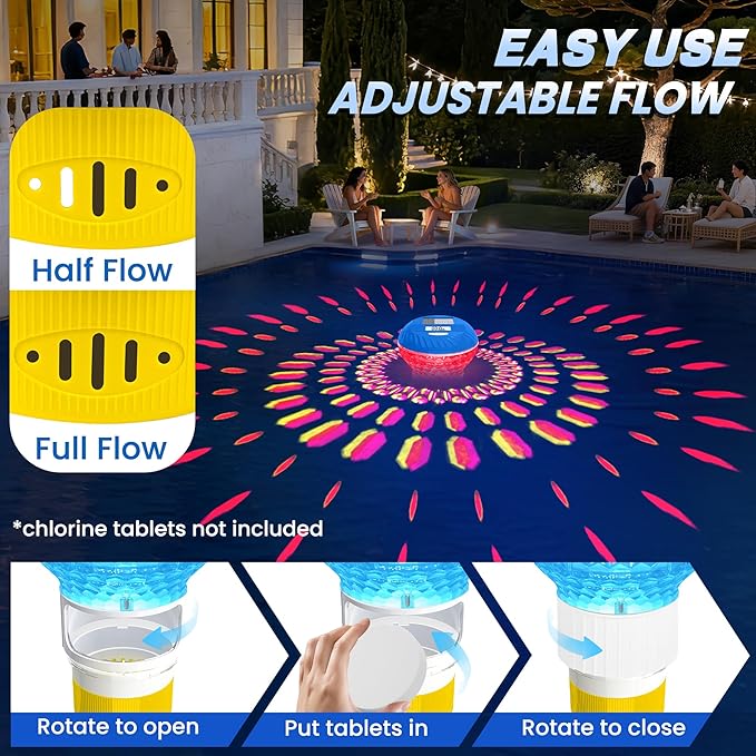 2026 Upgraded Pool Chlorine Floater with Thermometer, Digital Screen Pool Chlorine Floater,Solar Pool Chlorine Floaters with Light, Button Control Floating Chlorine Dispenser for Pool (Yellow)