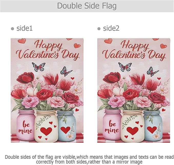 Happy Valentine’s Day Flowers Pink House Flag 28x40 Inch Double Sided Outside Love Tulip Rose Spring Butterfly Seasonal Yard Outdoor Flag Banner for Garden Lawn Patio Holiday Decorations