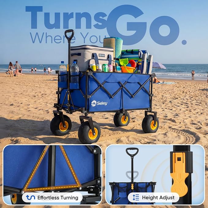 Sekey Heavy Duty Beach Wagon with 9" Big Sand-Proof Wheels – 600lb Capacity, 200L Oversized Foldable Cart | Adjustable Handle & All-Terrain Tires for Sand, Camping, Groceries
