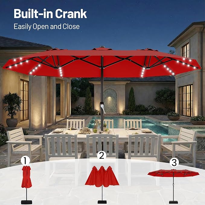 AreShark 15FT Patio Umbrella with Solar Lights, Double Sided Outdoor Table Umbrellas with Crank, Large Rectangular Market Umbrella for Porch, Lawn, Pool, Backyard, Red