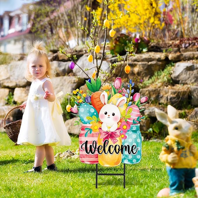JarThenaAMCS Easter Metal Garden Stake Welcome Yard Sign Watercolor Bunny Rabbit Vase Decorative Lawn Sign for Spring Home Outside Lawn Porch Walkway Pathway