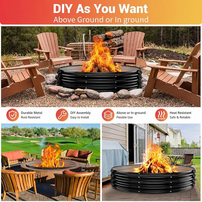 60" Extra Large Fire Pit Ring – Outdoor Wood Burning Fire Pit with Heat-Resistant Coating, 12" Deep Design for Bigger Backyard Gatherings – Heavy Duty Galvanized Steel for Patio, Camping & Bonfires