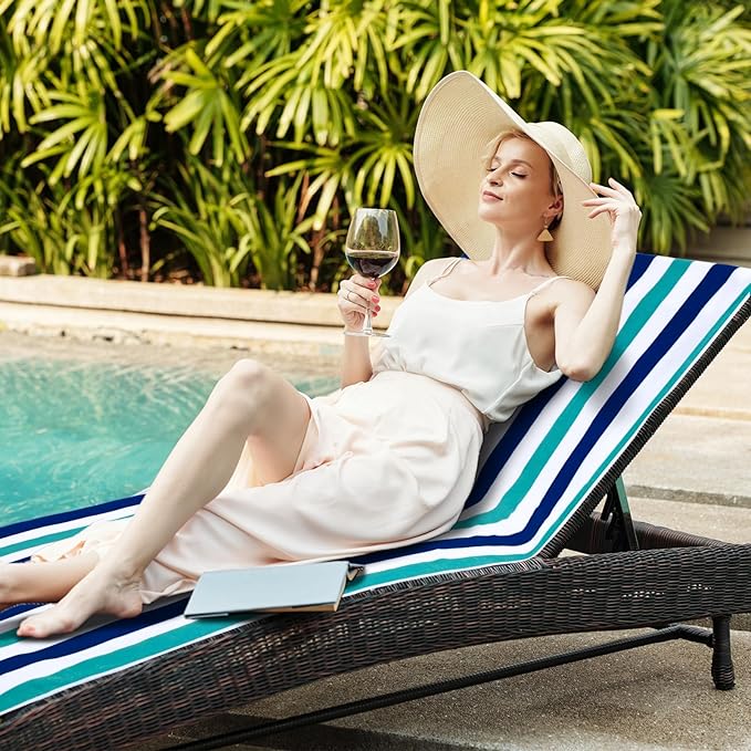 Fumete 2 Pack Lounge Chair Covers 30 x 85 Inch Pool Chaise Lounge Towels Microfiber Beach Chair Towel Portable Striped Outdoor Patio Furniture Cover for Sunbathing Picnic Spa(Teal Blue)