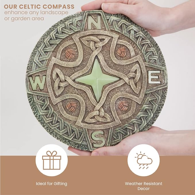 Bits and Pieces - Glow in the Dark Celtic Compass Garden Stone - Irish Garden Decor Yard Art Accent - 10" x 10" Round Durable Polyresin Stepping Pavers for Landscaping and Outdoor Pathways
