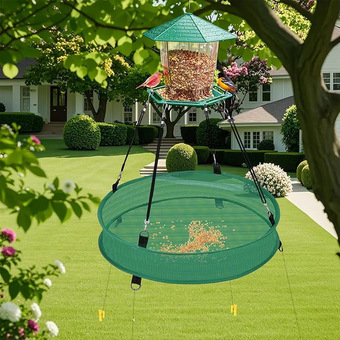 Lettry 2Pcs Bird Seed Catcher Tray with 8pcs Plastic Stakes for Hanging Bird Feeder Platform, Birdseed Hoop for Outdoor Garden Hanging Tray (Green, 16inch)