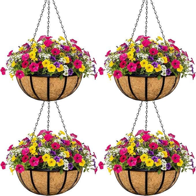 4pcs 14 inch Metal Hanging Baskets Round Wire Plant Stand with Coco Lining Cushion Decorative Planter Hanger Garden Indoor Outdoor Watering Hanging Basket （BT）