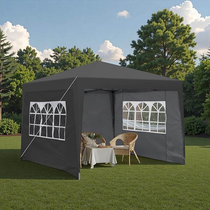 10x10FT Canopy Tent, Outdoor Gazebo Pop up Canopy with 4 Removable Sidewalls & 2 Windows, Patio Camping Shade Canopy with 4 PCS Weight Sand Bag & Carry Bag, Ideal for Parties Events, Black