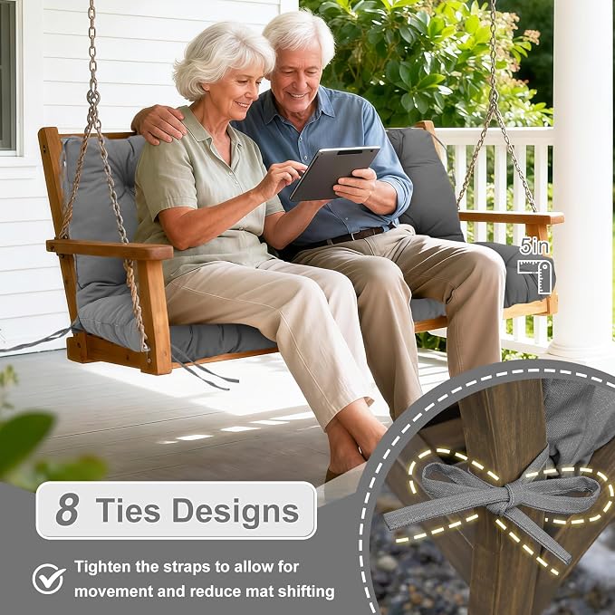 Porch Swing Cushions Outdoor 60 inch x 40 Waterproof Swing Cushions 3 Seater Replacement with Backrest & 8 Ties 5" Thick Bench Swing Cushions for Outdoor Furniture Patio(Dark Gray)