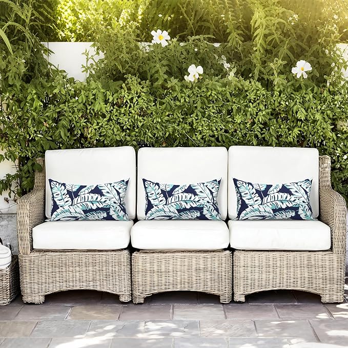 LVTXIII Set of 2 Patio Lumbar Pillows, 12”x20” Fade Resistant Outdoor Lumbar Pillow with Inners, Fluffy Decorative Garden Lumbar Cushions for Home Patio Coach Sofa Use, Baltic Palms White