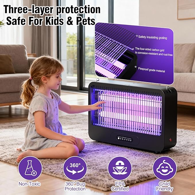 Electric Bug Zapper Indoor, Mosquito Zapper with 3500V Powerful Dual Grid & Remote, Fly Zapper Fly Trap Insect Killer for Patio Yard Home Kitchen Camping - Including 2 Replacement Bulbs (Black)