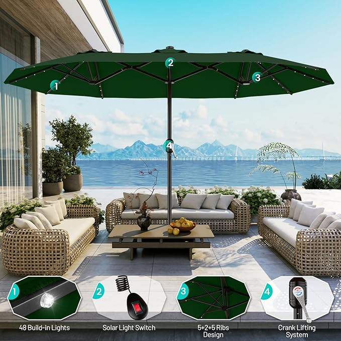 AreShark 13 FT Patio Umbrella with Solar Lights, Double-Sided Outdoor Table Umbrellas with Crank, Large Rectangular Market Umbrella for Porch, Lawn, Pool, Backyard, Dark Green